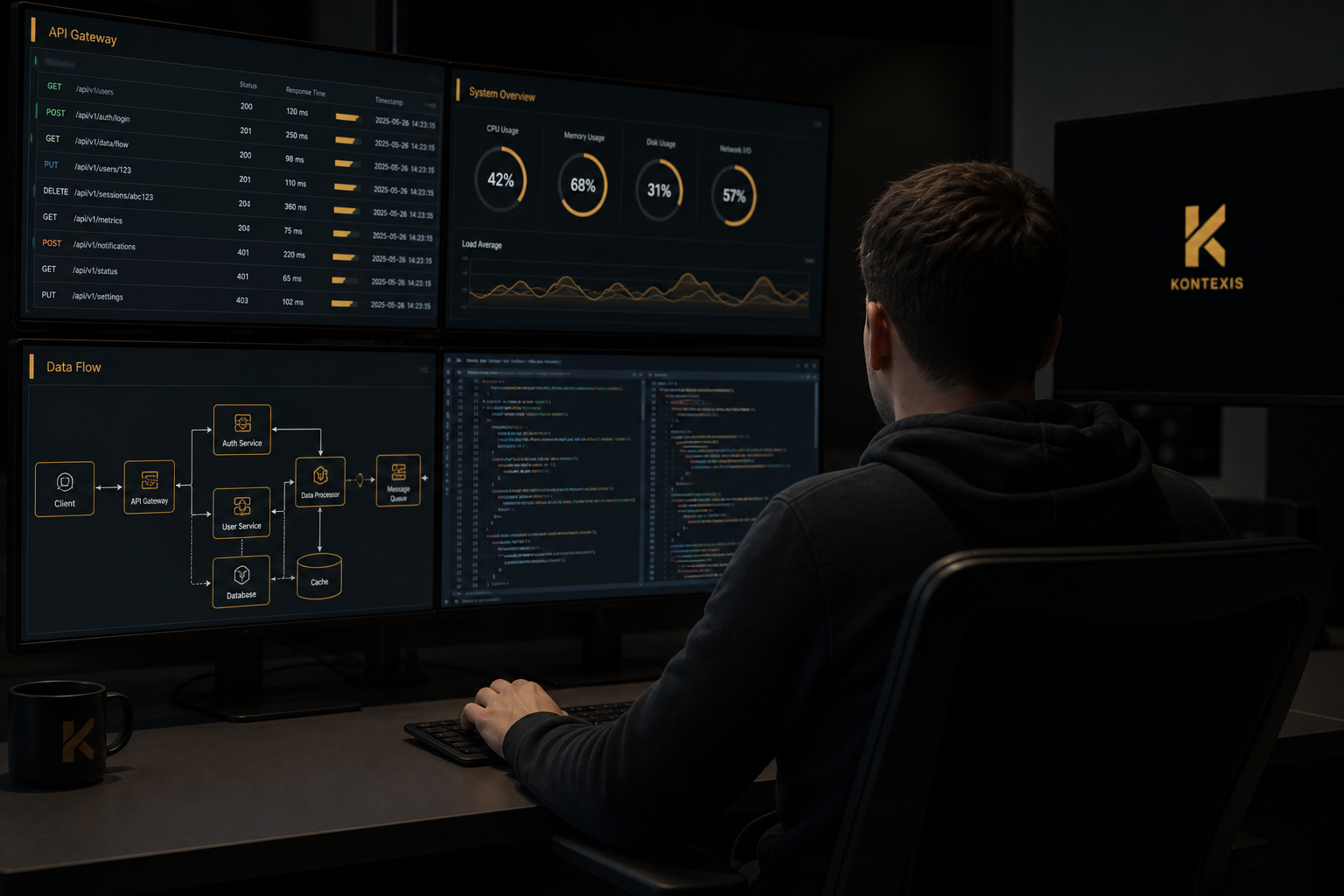 KI-System-Operator analysiert LLM-Quellenauswahl und RAG-Architektur an Monitoring-Dashboard