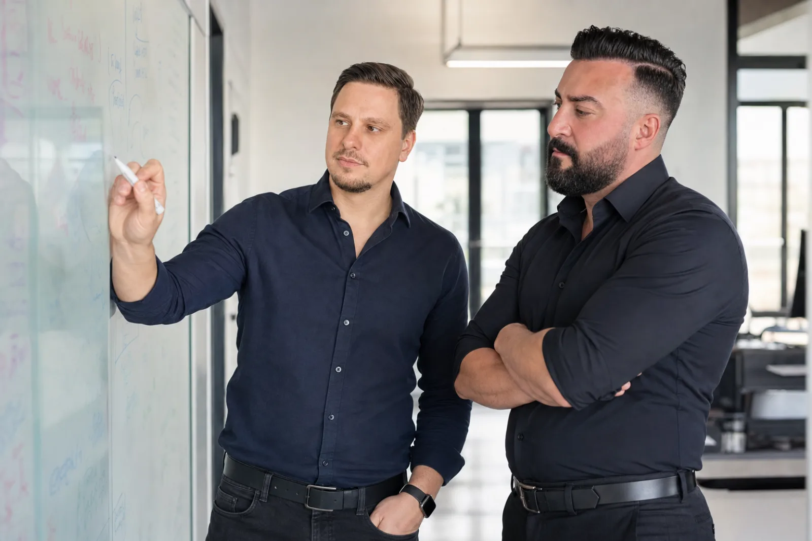 KI Berater am Whiteboard im Strategiegespräch, gemeinsame Use-Case-Priorisierung mit Geschäftsführung