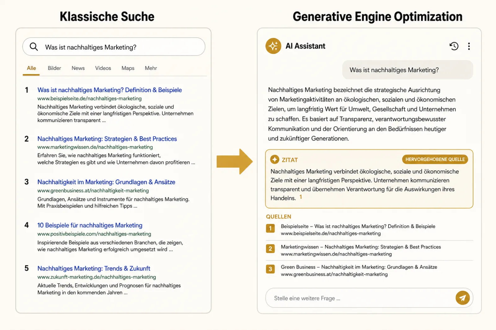 Schematische Darstellung: Content wird von einem Large Language Model als Antwort aufbereitet, Visualisierung von Generative Engine Optimization
