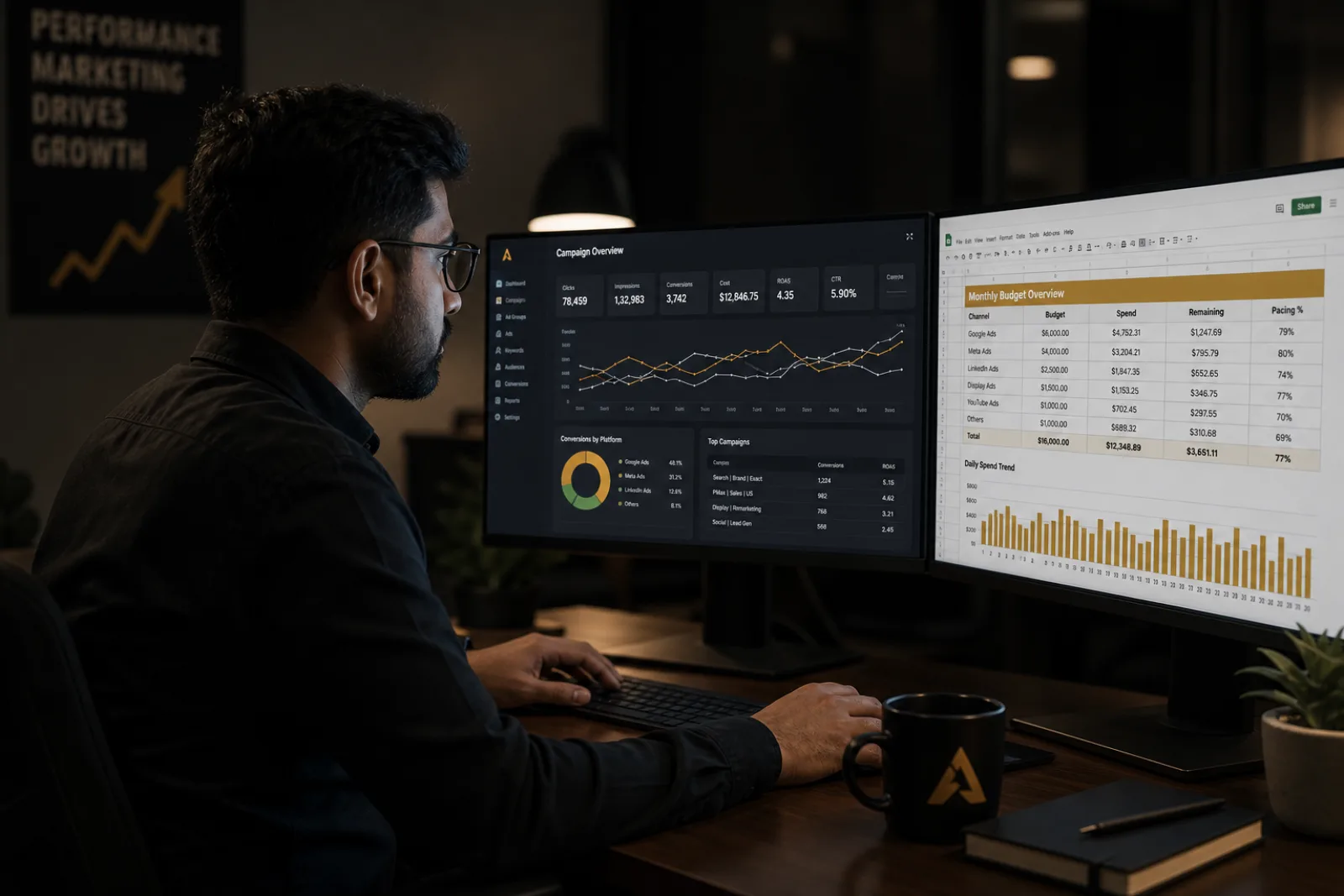 Online Marketing Berater analysiert Kampagnendaten auf zwei Monitoren, Operator-Perspektive statt Pitch
