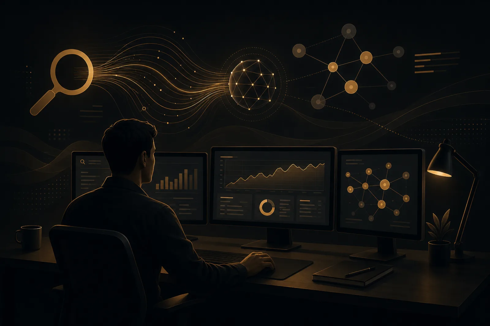 Schematische Darstellung einer KI-SEO-Pipeline mit den Phasen Recherche, Briefing, Erstentwurf, Validierung und Distribution